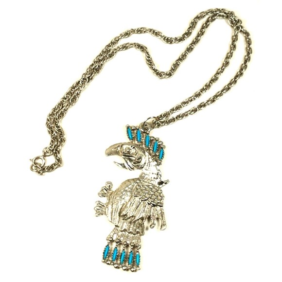 mens Silver Bird of Prey Necklace Turquoise feathers Statement Pendant boho fit - Picture 1 of 5